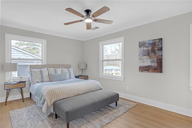 bedroom with light wood-style flooring, multiple windows, baseboards, and visible vents