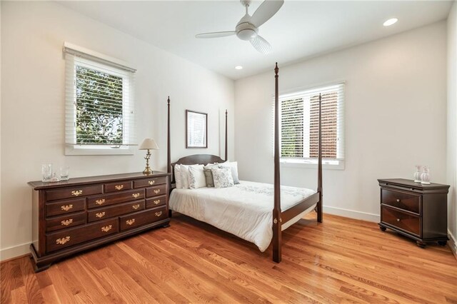 4835 Merlendale Ct, Atlanta, GA 30327 - bedroom with light wood-style flooring, baseboards, recessed lighting, and ceiling fan