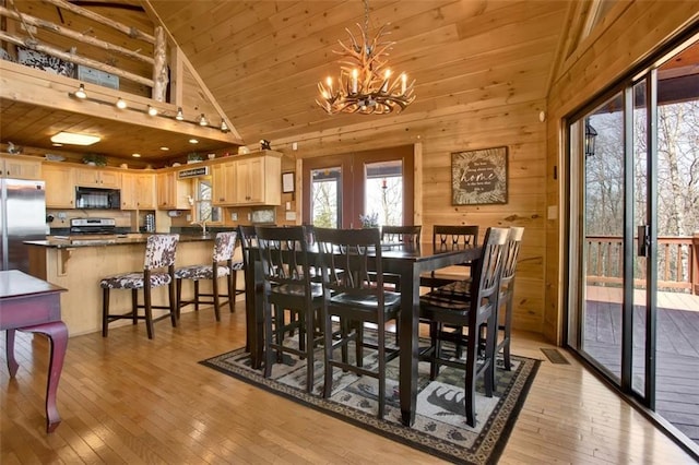 dining area featuring a chandelier, wood walls, wooden ceiling, and light wood-type flooring