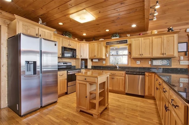 kitchen featuring wooden ceiling, light wood-style floors, appliances with stainless steel finishes, and light brown cabinetry