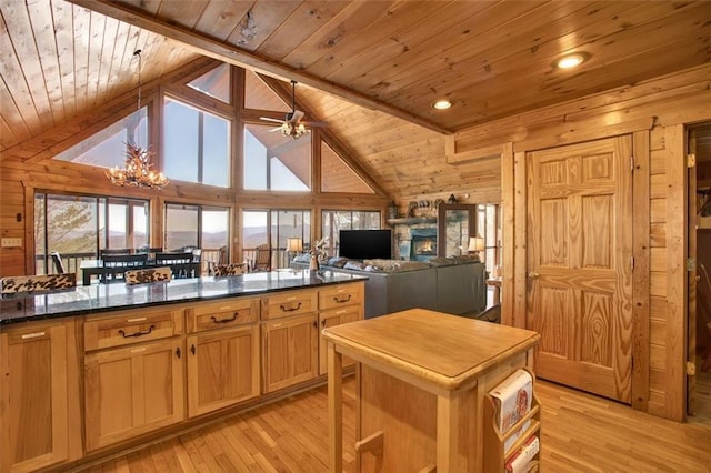 kitchen featuring wood ceiling, light wood-style flooring, a center island, and wood walls