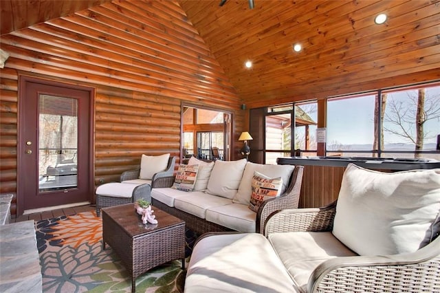 living room with wood ceiling, log walls, recessed lighting, wood finished floors, and high vaulted ceiling