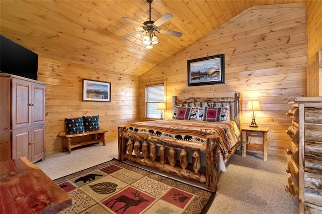 carpeted bedroom featuring vaulted ceiling, wood ceiling, and wood walls