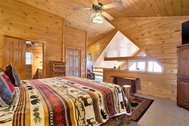 bedroom featuring carpet, ceiling fan, vaulted ceiling, wood walls, and wooden ceiling