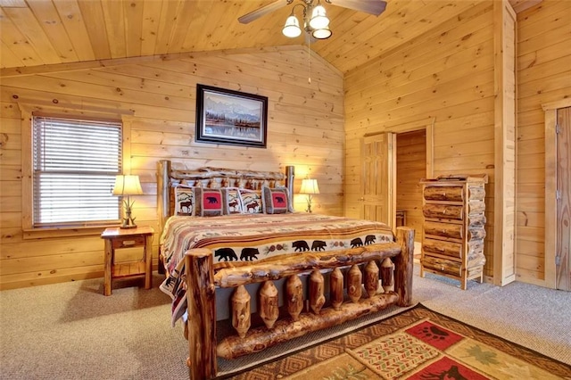 bedroom with wood walls, carpet flooring, lofted ceiling, wood ceiling, and ceiling fan