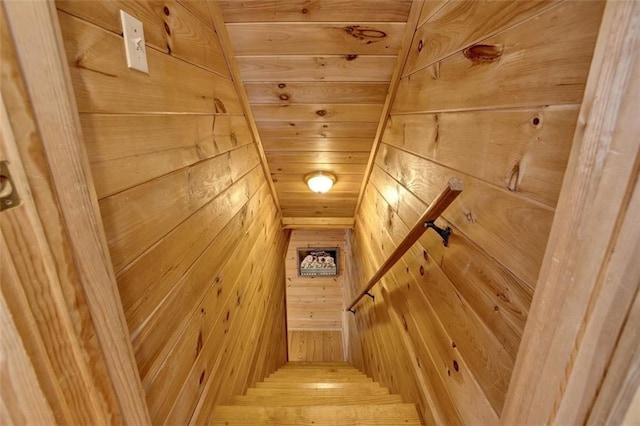 stairway featuring wooden ceiling and wood walls