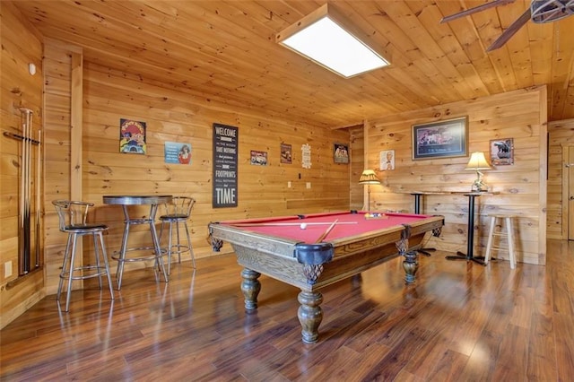 playroom featuring wood finished floors, a ceiling fan, wooden ceiling, and pool table