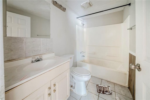 bathroom featuring tile patterned flooring, toilet, shower / bath combination, vanity, and backsplash