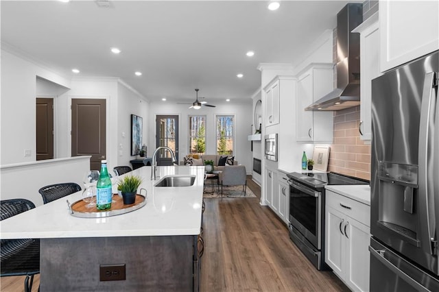 4933 Sudbrook Way Unit 230, Peachtree Corners, GA 30092 - kitchen featuring fridge with ice dispenser, wall chimney range hood, a sink, stainless steel electric range oven, and a kitchen bar