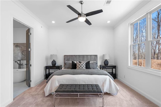 4933 Sudbrook Way Unit 230, Peachtree Corners, GA 30092 - carpeted bedroom featuring multiple windows, ornamental molding, connected bathroom, baseboards, and recessed lighting