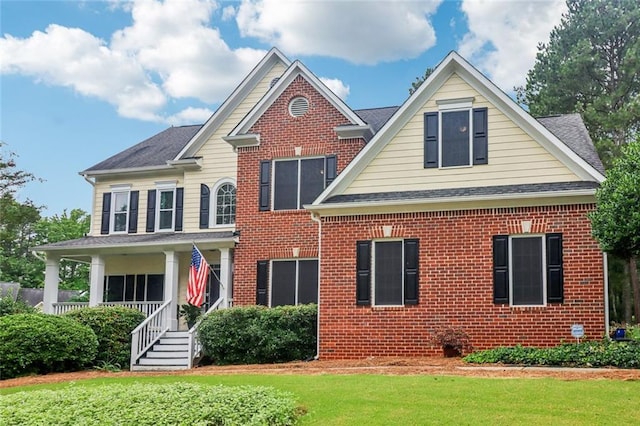 1006 Amberton Ln, Powder Springs, GA 30127 - view of front of house featuring brick siding, a front lawn, and a porch