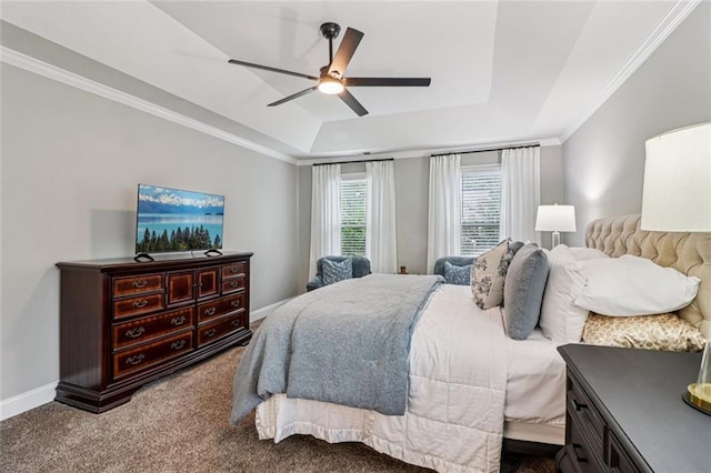 1006 Amberton Ln, Powder Springs, GA 30127 - bedroom with a raised ceiling, carpet floors, crown molding, baseboards, and a ceiling fan