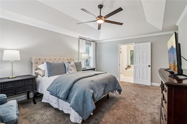 1006 Amberton Ln, Powder Springs, GA 30127 - bedroom featuring carpet flooring, crown molding, ensuite bath, and ceiling fan