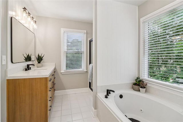 1006 Amberton Ln, Powder Springs, GA 30127 - full bathroom with vanity, a jetted tub, tile patterned flooring, and a stall shower