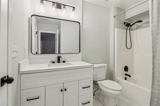 1006 Amberton Ln, Powder Springs, GA 30127 - bathroom featuring toilet, vanity, shower / tub combo, and tile patterned floors