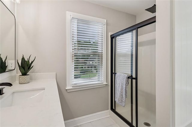 1006 Amberton Ln, Powder Springs, GA 30127 - full bathroom with a shower stall, vanity, and baseboards