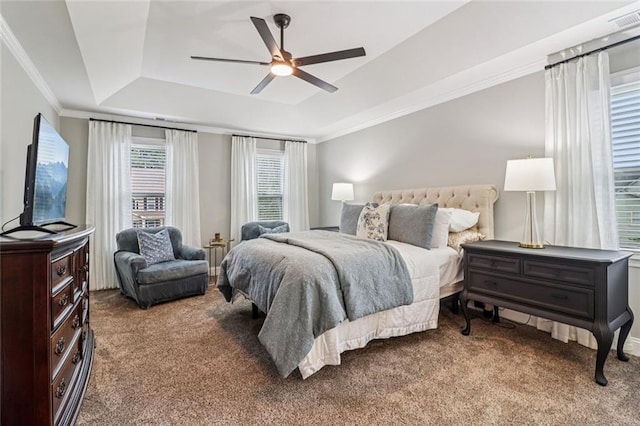 1006 Amberton Ln, Powder Springs, GA 30127 - carpeted bedroom with a raised ceiling, crown molding, and ceiling fan