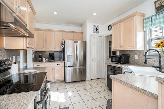 kitchen with sink, light tile patterned floors, stainless steel appliances, ornamental molding, and light brown cabinets