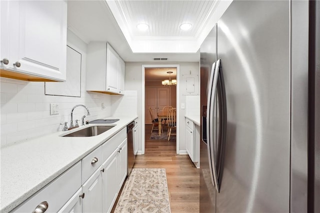 6851 Roswell Rd Unit E1, Atlanta, GA 30328 - kitchen featuring a sink, white cabinets, appliances with stainless steel finishes, and a tray ceiling