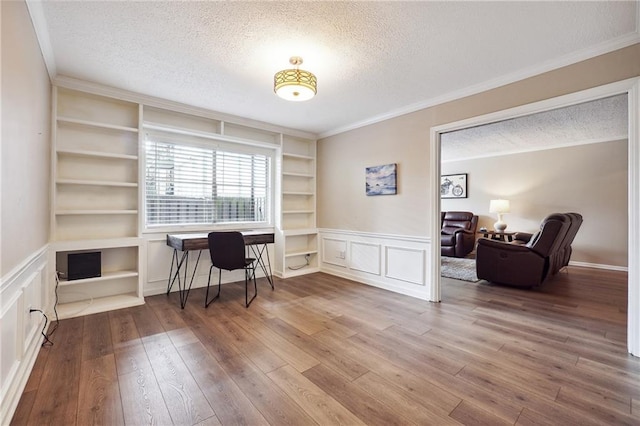 6851 Roswell Rd Unit E1, Atlanta, GA 30328 - office featuring a textured ceiling, crown molding, built in features, wood finished floors, and a decorative wall