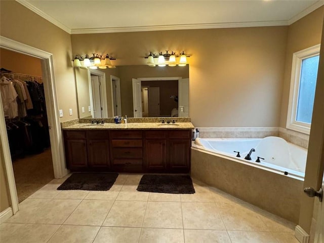 bathroom with vanity, ornamental molding, and tile patterned floors