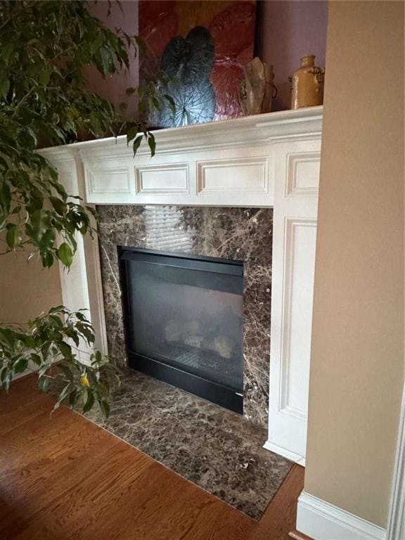 details featuring a fireplace and hardwood / wood-style floors