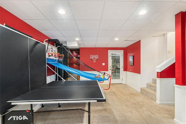324 Kibbee Rd, Mcdonough, GA 30252 - rec room featuring wainscoting, carpet flooring, a paneled ceiling, and recessed lighting
