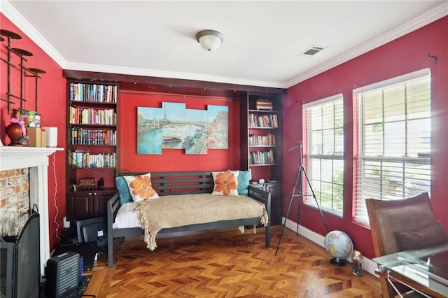97 Griffin St NW, Atlanta, GA 30314 - bedroom featuring ornamental molding, multiple windows, and a brick fireplace