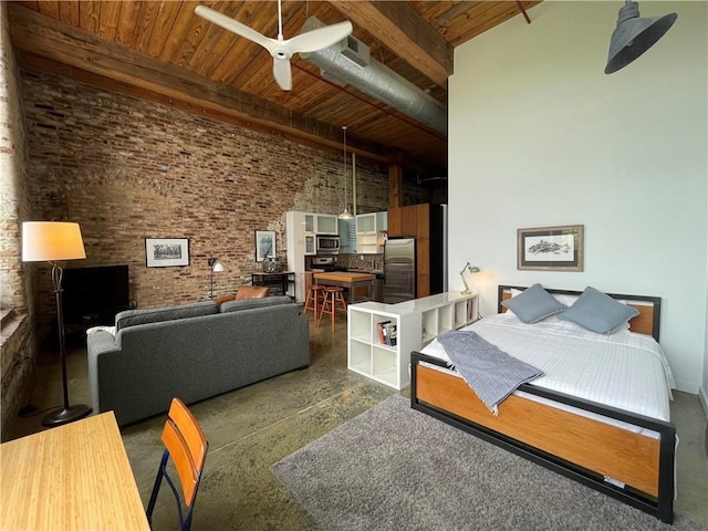bedroom featuring freestanding refrigerator, beam ceiling, brick wall, a high ceiling, and wood ceiling