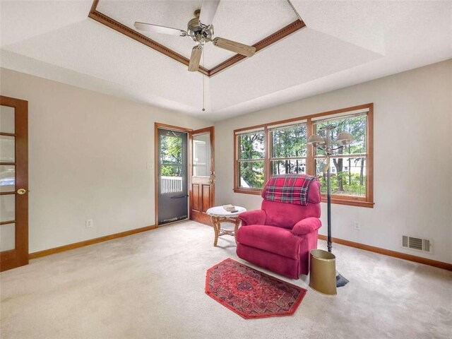 sitting room featuring ceiling fan, carpet floors, and a raised ceiling