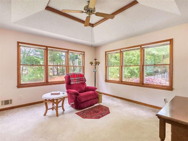 living area with ceiling fan, a tray ceiling, and carpet flooring