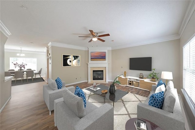 living room featuring wood-type flooring, a wealth of natural light, and crown molding