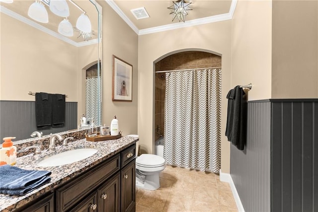 full bath with visible vents, shower / bath combo, vanity, toilet, and ornamental molding
