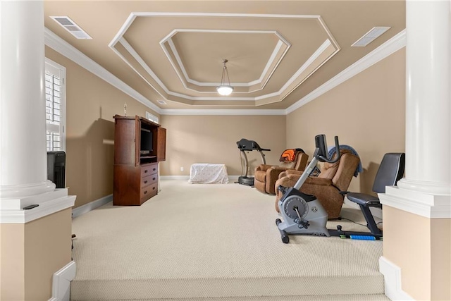 workout room with ornate columns, ornamental molding, carpet floors, and visible vents