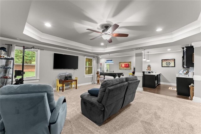 living room with crown molding, billiards, and a raised ceiling