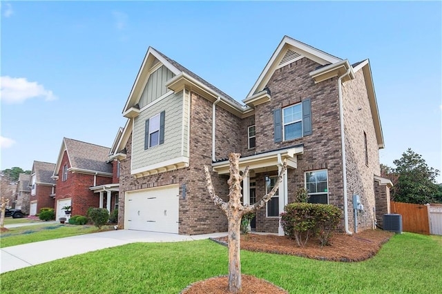 view of front of property featuring fence, central AC unit, an attached garage, concrete driveway, and a front lawn