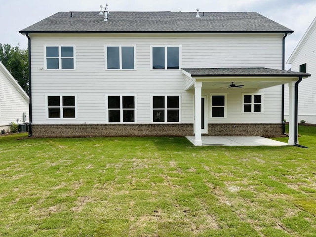 3355 Hillshire Dr, Cumming, GA 30028 - back of property with ceiling fan, brick siding, a patio, a yard, and central air condition unit