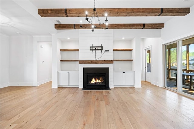 unfurnished living room featuring a large fireplace, light wood-style flooring, baseboards, and beam ceiling