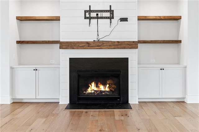 interior details with wood finished floors and a fireplace with flush hearth