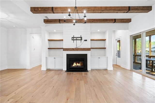 39 Telfair Ct, Acworth, GA 30101 - unfurnished living room with baseboards, light wood-style flooring, a chandelier, a fireplace, and beamed ceiling
