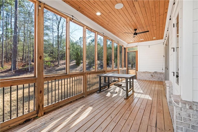 sunroom / solarium featuring wooden ceiling and a ceiling fan