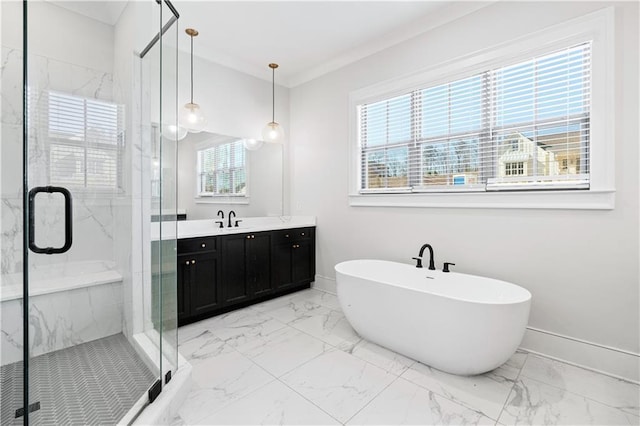 full bathroom with marble finish floor, a marble finish shower, and vanity