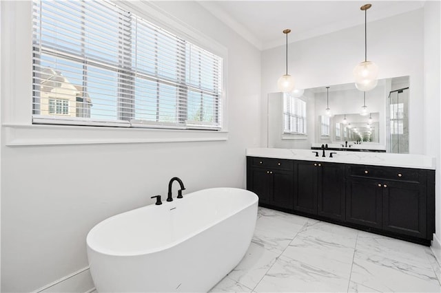 bathroom featuring a shower, marble finish floor, ornamental molding, vanity, and a freestanding tub