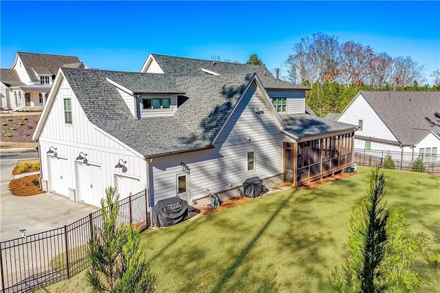 39 Telfair Ct, Acworth, GA 30101 - rear view of house featuring a shingled roof, board and batten siding, a sunroom, concrete driveway, and a garage