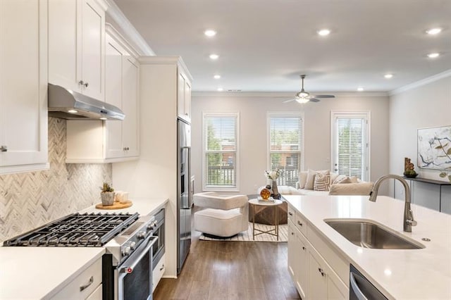 kitchen with sink, high quality appliances, dark hardwood / wood-style floors, white cabinetry, and crown molding