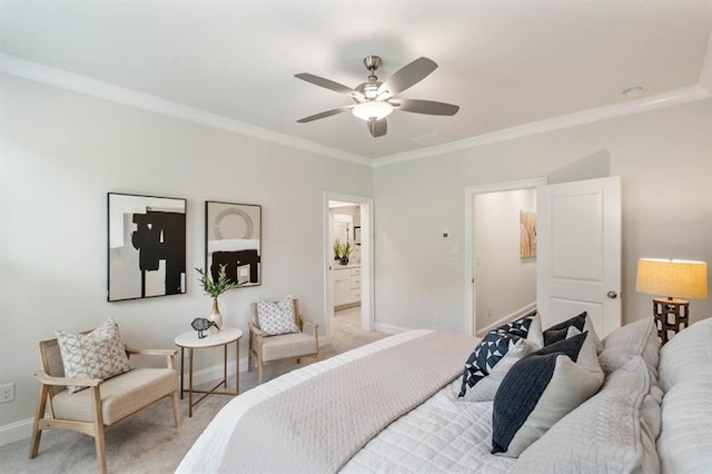 bedroom featuring ceiling fan, ornamental molding, light carpet, and ensuite bathroom