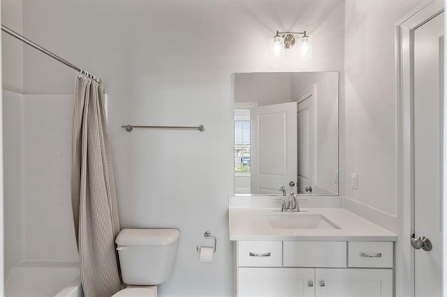 full bathroom with separate shower and tub, vanity, and toilet