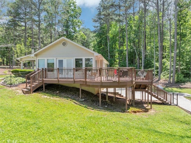 586 Old Bushmill Rd, Bremen, GA 30110 - back of house with stairs, a wooden deck, and a yard