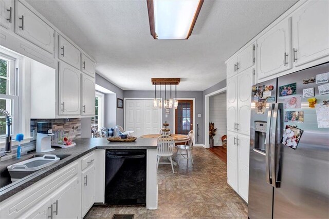 586 Old Bushmill Rd, Bremen, GA 30110 - kitchen featuring stainless steel refrigerator with ice dispenser, dishwasher, white cabinets, a peninsula, and backsplash