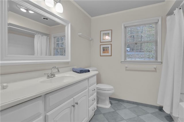 full bathroom featuring vanity, shower / tub combo, crown molding, and toilet